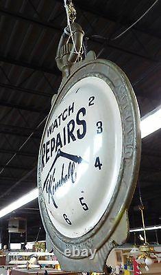 Antique 2-SIDED KIMBALL WATCH REPAIRS TRADE SIGN. Cast Iron Frame. Tin Watch Faces