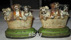 Antique Cast Iron Hubley Pa USA Dog In Basket Art Statue Sculpture Bookends Sign