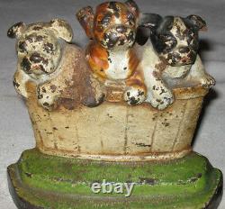 Antique Cast Iron Hubley Pa USA Dog In Basket Art Statue Sculpture Bookends Sign