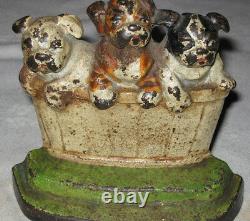 Antique Cast Iron Hubley Pa USA Dog In Basket Art Statue Sculpture Bookends Sign