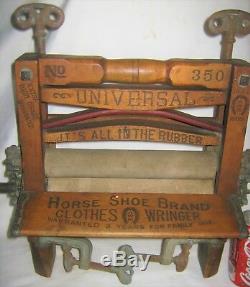 Antique Country Primitive Horseshoe Wood Cast Iron Hardware Wash Clothes Wringer