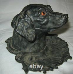 Antique Sign 1870 Victorian Cast Iron Dog Bust Head Pen Tray Inkwell Glass Eyes