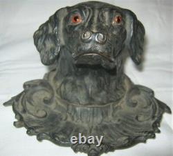 Antique Sign 1870 Victorian Cast Iron Dog Bust Head Pen Tray Inkwell Glass Eyes