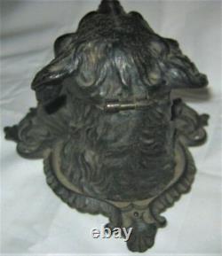 Antique Sign 1870 Victorian Cast Iron Dog Bust Head Pen Tray Inkwell Glass Eyes