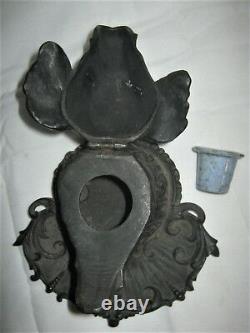 Antique Sign 1870 Victorian Cast Iron Dog Bust Head Pen Tray Inkwell Glass Eyes