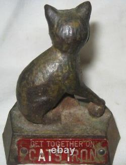 Antique Sign Cast Iron USA Cat Kitten Art Advertising Plaque Statue Paperweight