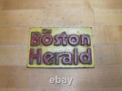 BOSTON HERALD Old Newspaper Stand Cast Iron Advertising Paperweight Sign Weight