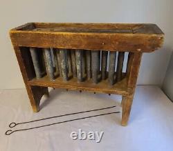Candle Mold, Rack, 18 Pewter Molds, Wood Frame Maker Signed, Wick Rods, American