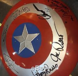 Captain America cast Evans Renner etc signed large metal shield EXACT PROOF COA