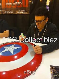 Captain America cast Evans Renner etc signed large metal shield EXACT PROOF COA