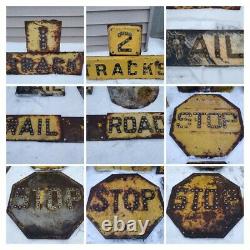 Early VTG LOT OF 17 CAST IRON CAT EYE MARBLE RAILROAD CROSSING ROAD STREET SIGNS