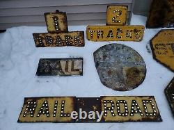 Early VTG LOT OF 17 CAST IRON CAT EYE MARBLE RAILROAD CROSSING ROAD STREET SIGNS