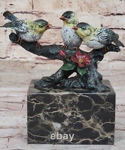 Lovely Signed Hot Cast Pure Bronze Cardinal Bird Finch Statue On Marble