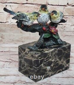 Lovely Signed Hot Cast Pure Bronze Cardinal Bird Finch Statue On Marble