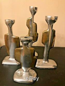 Magnificent Signed Brutalist Asymmetrical Cast Aluminum Set (4)Candlesticks 1960