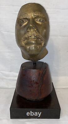 Original Lost Wax Cast Bronze Face Mask Sculpture On Burl Wood Signed Dated