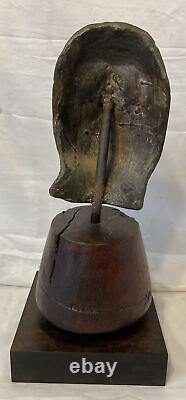 Original Lost Wax Cast Bronze Face Mask Sculpture On Burl Wood Signed Dated