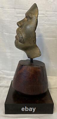 Original Lost Wax Cast Bronze Face Mask Sculpture On Burl Wood Signed Dated