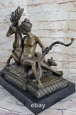 Signed Cast Bronze Diana The Huntress Art Deco Nude Sculpture Statue Mythical