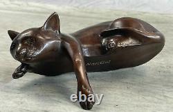 Signed Desk Top Adorable Cat Bronze Sculpture Real Hot Cast Figurine Lost Wax 3