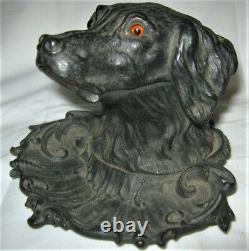 Antique Sign 1870 Victorian Cast Iron Dog Bust Head Pen Tray Inkwell Glass Eyes