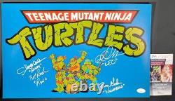 Original 4 Teenage Mutant Ninja Turtles Cast Signed 11x17 Poster D TMNT JSA COA  	<br/>
	
 <br/> 	Affiche originale signée par le casting original des 4 Tortues Ninja adolescentes 11x17 D TMNT JSA COA