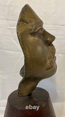 Sculpture Originale De Masque En Bronze En Fonte De Cire Sur Bois De Burl Signé En Date